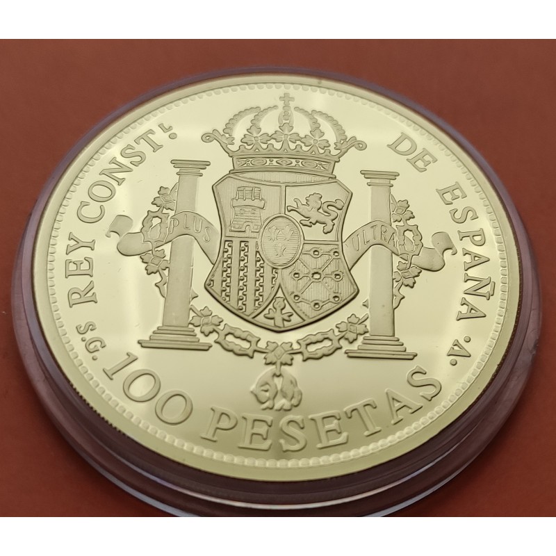 1,30 ONZAS x MEDALLA FNMT HISTORIA DE LA PESETA ESPAÑA 100 PESETAS 1897 ALFONSO XIII PLATA BAÑO DE ORO 44 gramos 925 mls