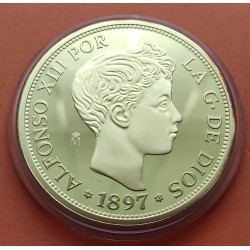 1,30 ONZAS x MEDALLA FNMT HISTORIA DE LA PESETA ESPAÑA 100 PESETAS 1897 ALFONSO XIII PLATA BAÑO DE ORO 44 gramos 925 mls