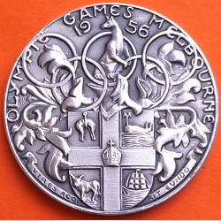 ** 1,15 ONZAS de PLATA PURA 999 ** MEDALLA OLIMPIADA de MELBOURNE 1956 AROS OLÍMPICOS y ABANDERADOS 40 mm