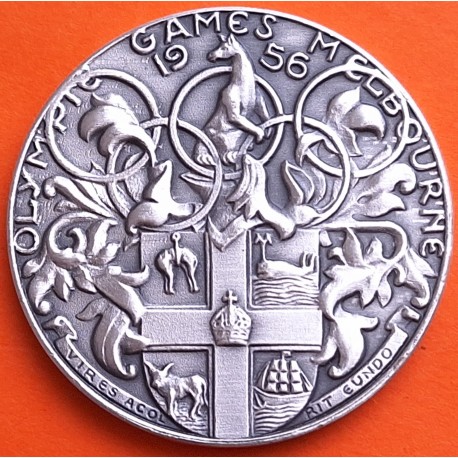 ** 1,15 ONZAS de PLATA PURA 999 ** MEDALLA OLIMPIADA de MELBOURNE 1956 AROS OLÍMPICOS y ABANDERADOS 40 mm