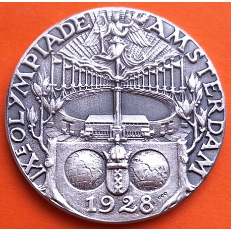 ** 1,12 ONZAS de PLATA PURA 999 ** MEDALLA OLIMPIADA de AMSTERDAM 1928 ANTORCHA RADIANTE 40 mm