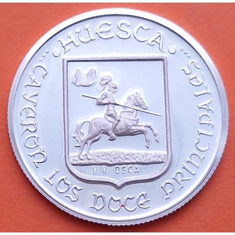 . 0,42 Onzas x HUESCA MEDALLA DE PLATA PURA 999 CAMPANA y ESPADA - CABALLERO MEDIEVAL 13,20 gramos ESPAÑA 1980
