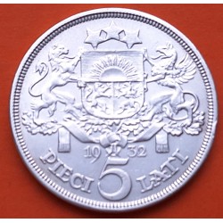 LETONIA 5 LATI 1932 DAMA y ESCUDO KM.9 MONEDA DE PLATA EBC- @ESCASA@ Latvia Latvijas Republik silver