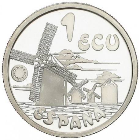 . 1 moneda + CÁPSULA x ESPAÑA 1 ECU 1994 DON QUIJOTE MOLINOS PLATA PROOF NO ESTUCHE FNMT 0,20 ONZAS