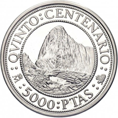 . 1,60 Onzas x ESPAÑA 5000 PESETAS 1991 MACHU PICCHU 3ª Serie V CENTENARIO MONEDA DE PLATA FDC SC NO ESTUCHE FNMT