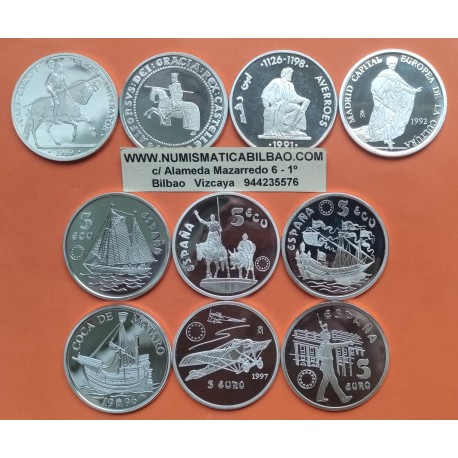 . 10 ONZAS de PLATA PURA x España 5 ECU 1989+1990+1991+1992+1993+1994 y 5 EUROS 1997+1998