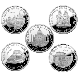 . 5 Monedas + CÁPSULAS x ESPAÑA 2000 PESETAS 1996 UNESCO NO ESTUCHE FNMT 4 ONZAS de PLATA PURA 