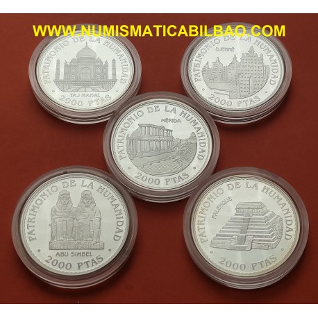 . 5 Monedas + CÁPSULAS x ESPAÑA 2000 PESETAS 1996 UNESCO NO ESTUCHE FNMT 4 ONZAS de PLATA PURA