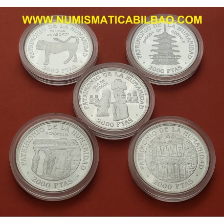 . 5 Monedas + CÁPSULAS x ESPAÑA 2000 PESETAS 1997 UNESCO NO ESTUCHE FNMT 4 ONZAS de PLATA PURA
