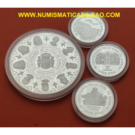. 4 monedas + CÁPSULAS x España 2000 PESETAS 1998 + 10000 PESETAS 1998 CASA DE BORBÓN Serie 2ª BORBONES FNMT PLATA 7,40 ONZAS