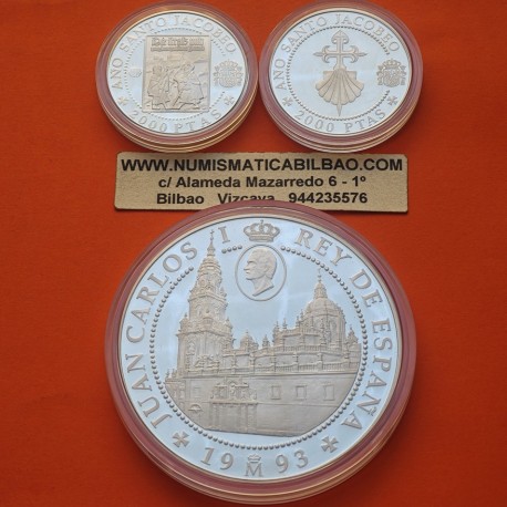 . 3 monedas x ESPAÑA 2000 PESETAS 1993 CONCHA y PEREGRINOS + 10000 PESETAS 1993 XACOBEO PLATA AÑO SANTO JACOBEO