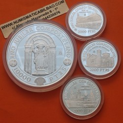 . 4 monedas x España AÑO JUBILAR COMPOSTELANO 2000 PESETAS 1999 + 10000 PESETAS 1999 XACOBEO PLATA 7,40 ONZAS NO ESTUCHE