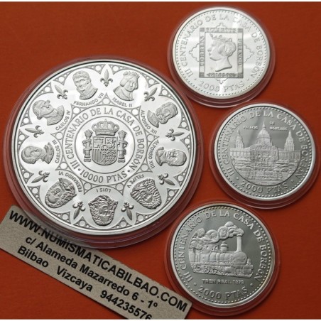 . 4 monedas + CÁPSULAS x España 2000 PESETAS 1999 + 10000 PESETAS 1999 CASA DE BORBÓN Serie 3ª BORBONES FNMT PLATA 7,40 ONZAS