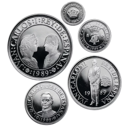 . 5 monedas + CÁPSULAS x España V CENTENARIO 100+200+500+1000+2000 PESETAS 1989 PLATA PROOF 1ª Serie 1,50 ONZAS NO ESTUCHE