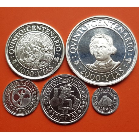 . 5 monedas + CÁPSULAS x España V CENTENARIO 100+200+500+1000+2000 PESETAS 1989 PLATA PROOF 1ª Serie 1,50 ONZAS NO ESTUCHE