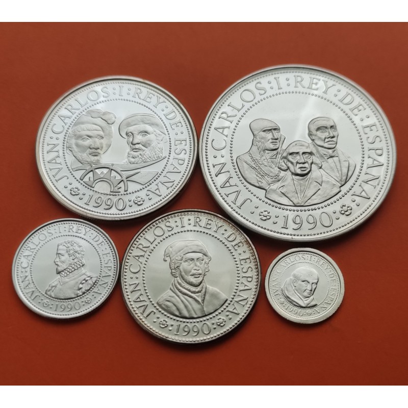 . 5 monedas + CÁPSULAS x España V CENTENARIO 100+200+500+1000+2000 PESETAS 1990 PLATA PROOF 2ª Serie 1,50 ONZAS NO ESTUCHE