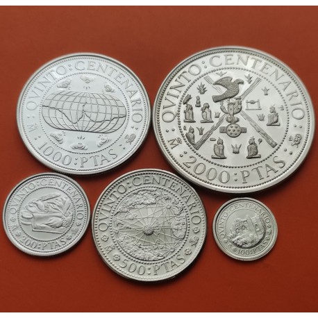 . 5 monedas + CÁPSULAS x España V CENTENARIO 100+200+500+1000+2000 PESETAS 1990 PLATA PROOF 2ª Serie 1,50 ONZAS NO ESTUCHE