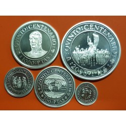 . 5 monedas + CÁPSULAS x España V CENTENARIO 100+200+500+1000+2000 PESETAS 1991 PLATA FDC 3ª Serie 1,50 ONZAS NO ESTUCHE