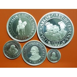. 5 monedas + CÁPSULAS x España V CENTENARIO 100+200+500+1000+2000 PESETAS 1991 PLATA FDC 3ª Serie 1,50 ONZAS NO ESTUCHE