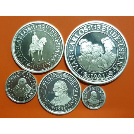 . 5 monedas + CÁPSULAS x España V CENTENARIO 100+200+500+1000+2000 PESETAS 1991 PLATA FDC 3ª Serie 1,50 ONZAS NO ESTUCHE