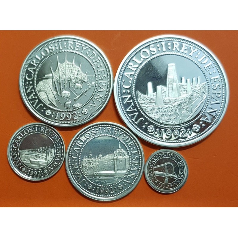 . 5 monedas + CÁPSULAS x España V CENTENARIO 100+200+500+1000+2000 PESETAS 1992 PLATA FDC 4ª Serie 1,50 ONZAS NO ESTUCHE