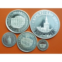 . 5 monedas + CÁPSULAS x España V CENTENARIO 100+200+500+1000+2000 PESETAS 1992 PLATA FDC 4ª Serie 1,50 ONZAS NO ESTUCHE