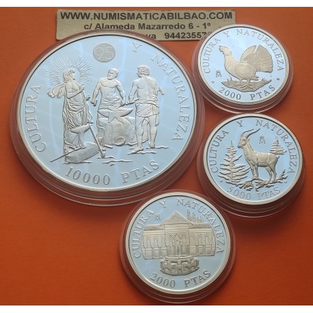 . 8,20 ONZAS PLATA PURA x España 2ª SERIE CULTURA y NATURALEZA ESPAÑA 2000 + 5000 + 10000 PESETAS 1995 FNMT SI CÁPSULAS