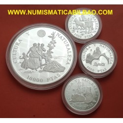 . 8,20 ONZAS PLATA PURA x España 3ª SERIE CULTURA y NATURALEZA ESPAÑA 2000 + 5000 + 10000 PESETAS 1996 FNMT SI CÁPSULAS