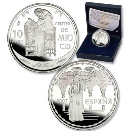 ** NO CARÁTULA ** ESPAÑA 10 EUROS 2007 EL CANTAR DEL MIO CID MONEDA DE PLATA ESTUCHE y CERTIFICADO FNMT