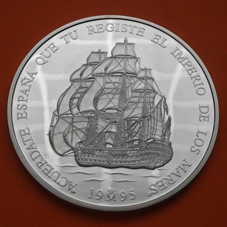 . 5 ONZAS de PLATA PURA + CÁPSULA x España 25 ECU 1995 LA MARINA ESPAÑOLA y GALEÓN MONEDA NO ESTUCHE FNMT 25 Ecus 1995