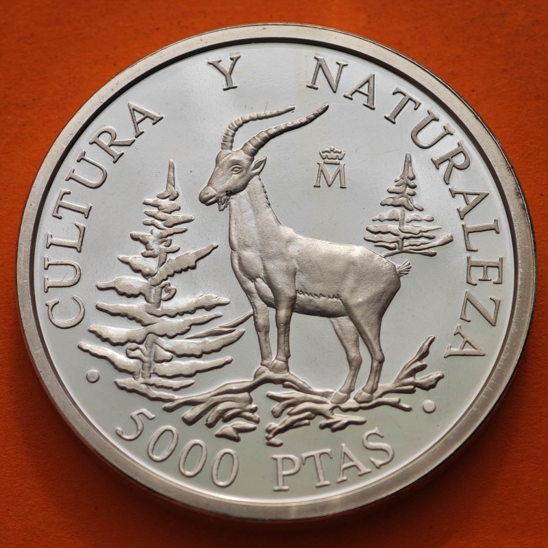 . 1,60 ONZAS de PLATA PURA + RAYITAS x España 5000 PESETAS 1995 CABRA HISPÁNICA 1ª Serie CULTURA y NATURALEZA MONEDA FNMT