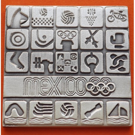 ** 1,02 ONZAS de PLATA PURA 999 ** MEDALLA OLIMPIADA de MEXICO 1970 FORMA CUDRADA y PICTOGRAMAS AZTECAS 40 mm