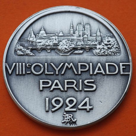 ** 1,08 ONZAS de PLATA PURA 999 ** MEDALLA OLIMPIADA de PARIS 1924 ATLETA CORONADO POR UN ANGEL ALADO 40 mm