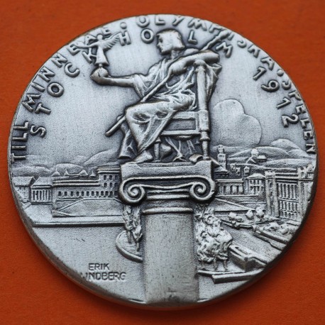 ** 1,10 ONZAS de PLATA PURA 999 ** MEDALLA OLIMPIADA de ESTOCOLMO 1912 DIOS OLÍMPICO y CIUDAD 40 mm