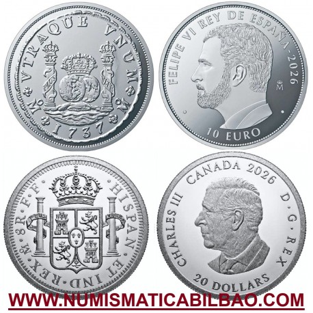 . ** ENVÍO HOY ** ESPAÑA 10 EUROS 2026 COLUMNARIO + CANADA 20 DOLARES MONEDA DE PLATA FNMT 2500 uds