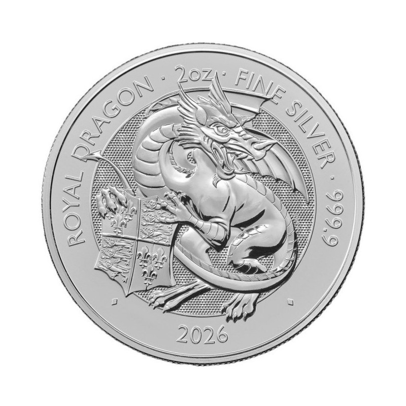 . ** 16 JULIO Envío ** INGLATERRA 5 LIBRAS 2026 THE ROYAL DRAGÓN MONEDA DE PLATA PURA Oz 2 ONZAS