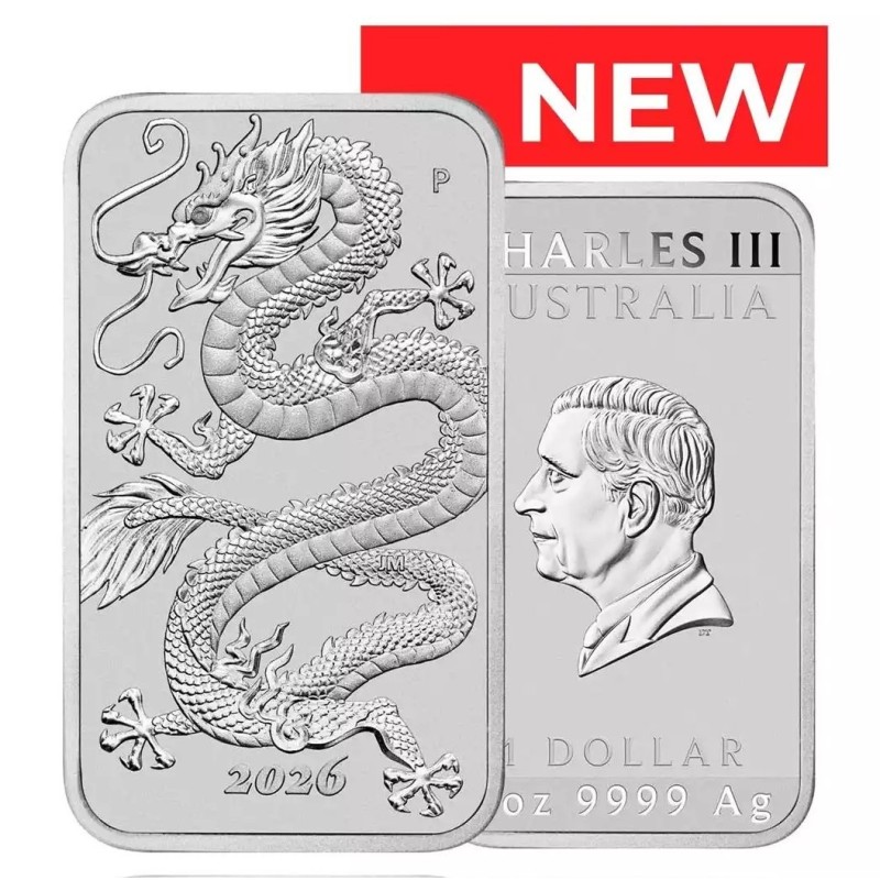 ** ENVÍO HOY ** AUSTRALIA 1 DOLAR 2026 DRAGON - CARLOS III Forma de LINGOTE - CÁPSULA MONEDA PLATA ONZA OZ