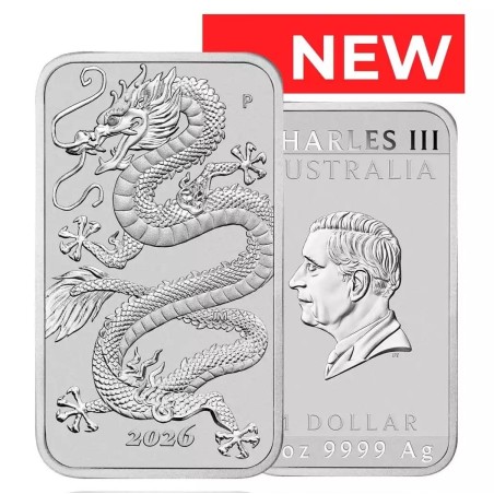 ** ENVÍO HOY ** AUSTRALIA 1 DOLAR 2026 DRAGON - CARLOS III Forma de LINGOTE - CÁPSULA MONEDA PLATA ONZA OZ