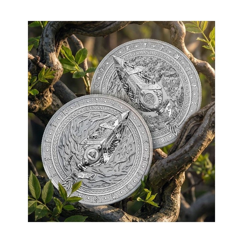 ** ENVÍO HOY ** ALEMANIA 5 MARK 2026 GUNGNIR Lanza de ODÍN MONEDA DE PLATA Germania Mint ONZA OZ 5000 uds