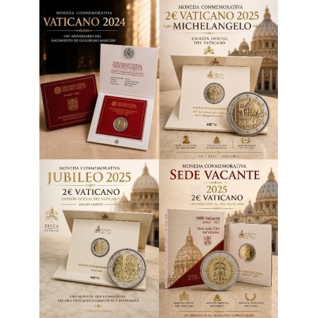 ** 4 MONEDAS - ESTUCHES ** VATICANO 2 EUROS 2024 MARCONI y 2025 SEDE VACANTE + JUBILEO + MIGUEL ANGEL