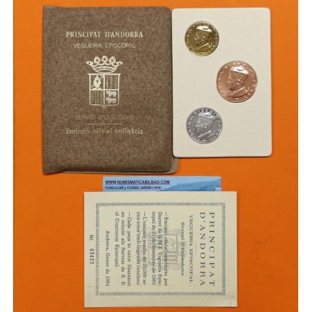 ** ESTUCHE OFICIAL ** ANDORRA 1 + 5 + 10 DINERS 1984 JOAN D.M. BISBE D'URGELL KM.15+16+17 LATÓN COBRE PLATA