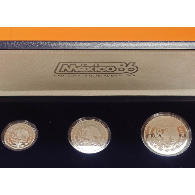 ** ESTUCHE OFICIAL ** MEXICO 25 + 50 + 100 PESOS 1986 COPA MUNDIAL DE FUTBOL 3 MONEDAS DE PLATA PROOF SILVER SET