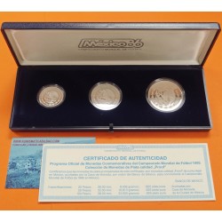 ** ESTUCHE OFICIAL ** MEXICO 25 + 50 + 100 PESOS 1986 COPA MUNDIAL DE FUTBOL 3 MONEDAS DE PLATA PROOF SILVER SET