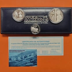 ** ESTUCHE OFICIAL ** MEXICO 25 + 50 + 100 PESOS 1986 COPA MUNDIAL DE FUTBOL 3 MONEDAS DE PLATA PROOF SILVER SET