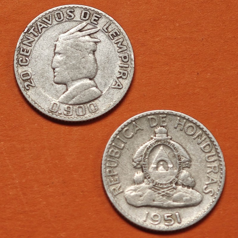 ** ESCASA ** HONDURAS 20 CENTAVOS DE LEMPIRA 1951 JEFE INDIO KM.73 MONEDA DE PLATA MBC silver coin