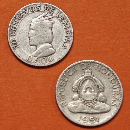 ** ESCASA ** HONDURAS 20 CENTAVOS DE LEMPIRA 1951 JEFE INDIO KM.73 MONEDA DE PLATA MBC silver coin