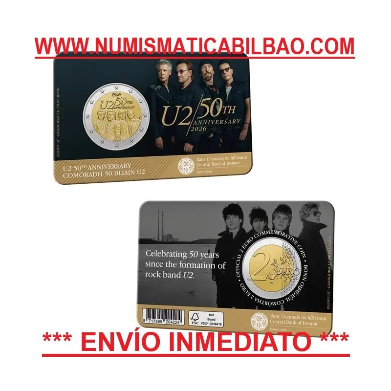 * ENVÍO HOY * IRLANDA 2 EUROS 2026 U2 50 ANIVERSARIO MONEDA CONMEMORATIVA en COINCARD SC Eire Ireland