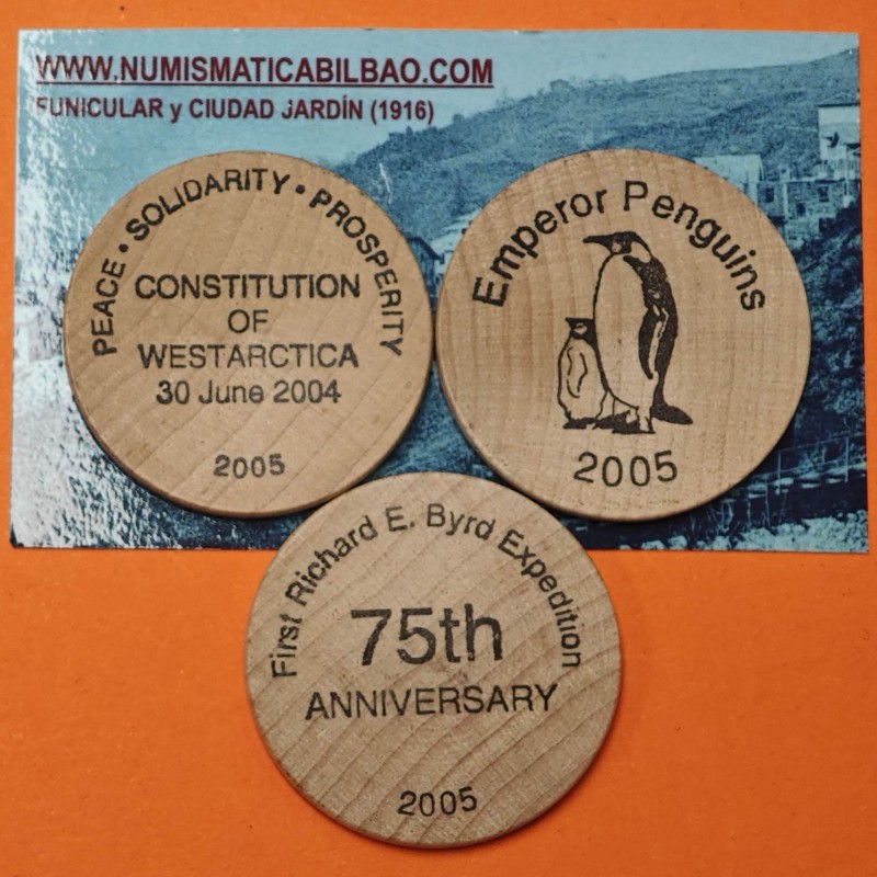 ** 3 MONEDAS de MADERA *** Gran Ducado de WESTARCTICA 1 DOLAR 2005 PINGÜINO y EXPEDICION Antarctic Territory TIRADA 200
