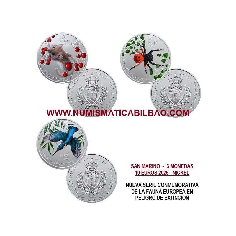 ** 015 OCTUBRE ENVÍO ** 3 monedas x SAN MARINO 10 EUROS 2026 ARAÑA + LIRÓN + MARTÍN PESCADOR NICKEL COLOR