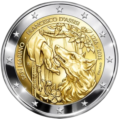 * 019 OCTUBRE Envío * SAN MARINO 2 EUROS 2026 SAN FRANCISCO DE ASIS y LOBO 2ª MONEDA CONMEMORATIVA ESTUCHE BLISTER